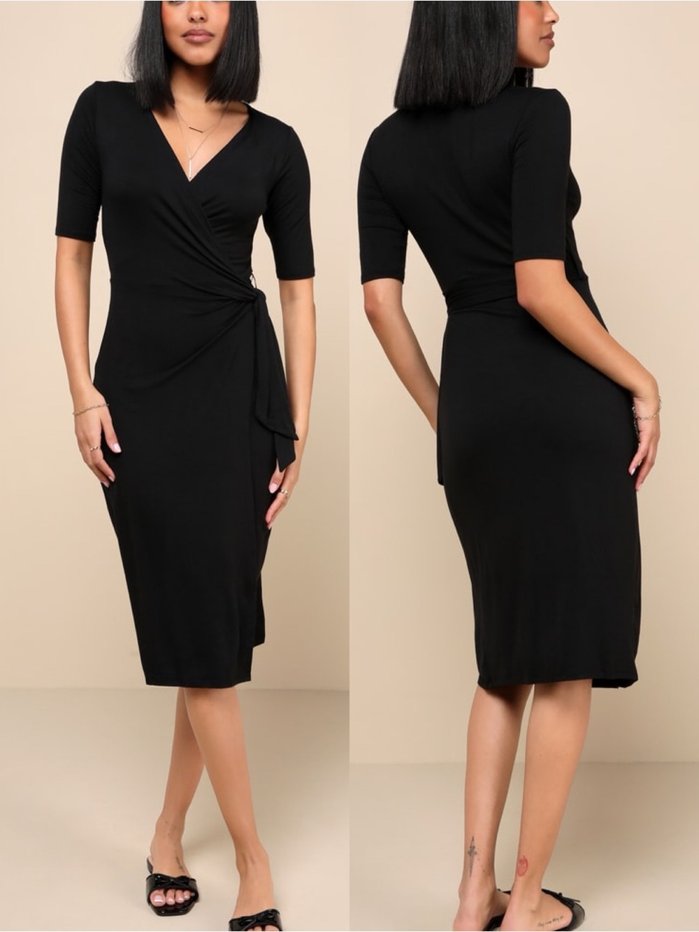 Lulus | Forget Me Knot Black Midi Wrap Dress